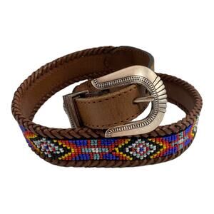 Vintage L.L. Bean Leather Seed Bead Geometric Pattern Freeport Maine 90s 28 Belt